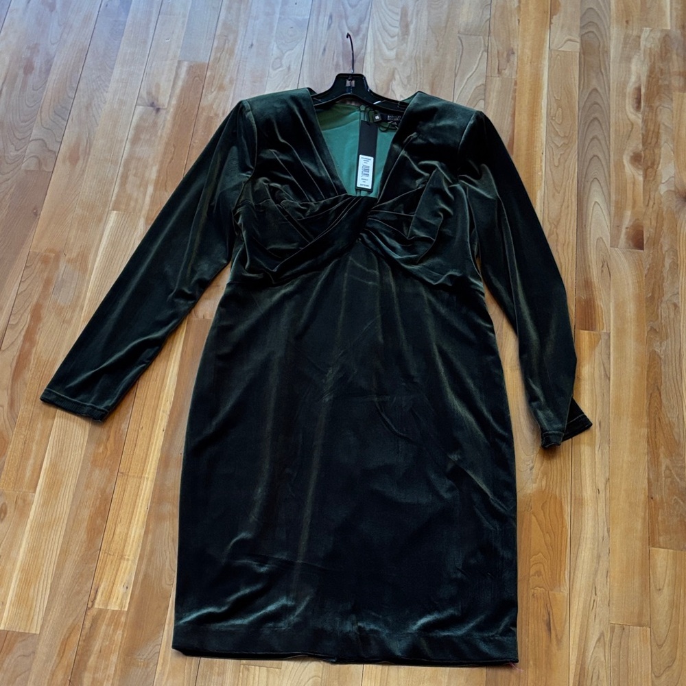 Badgley Mischka Dark Green Velvet Long Sleeve Dress